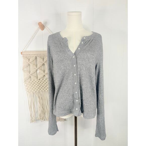 NWT Aerie Gray Ribbed Cardigan T Shirt Womens XL Button Front Metallic Knit - Picture 3 of 10